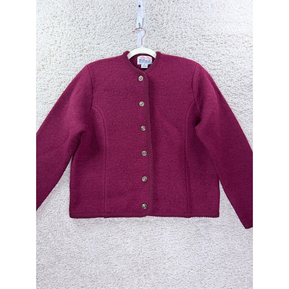 Tally-Ho Cardigan Sweater Women Medium Burgundy Wool Vintage Crest Button Jacket